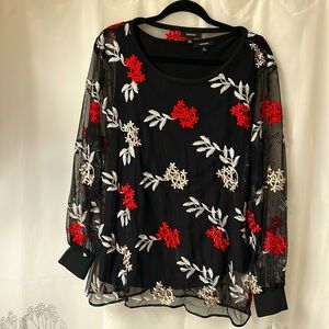 Alfani black shear ‎ top with embroidered flowers. Size extra large.